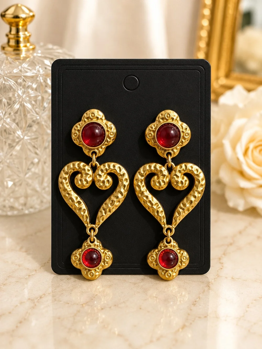 Gold Heart Drop Earrings with Red Cabochons